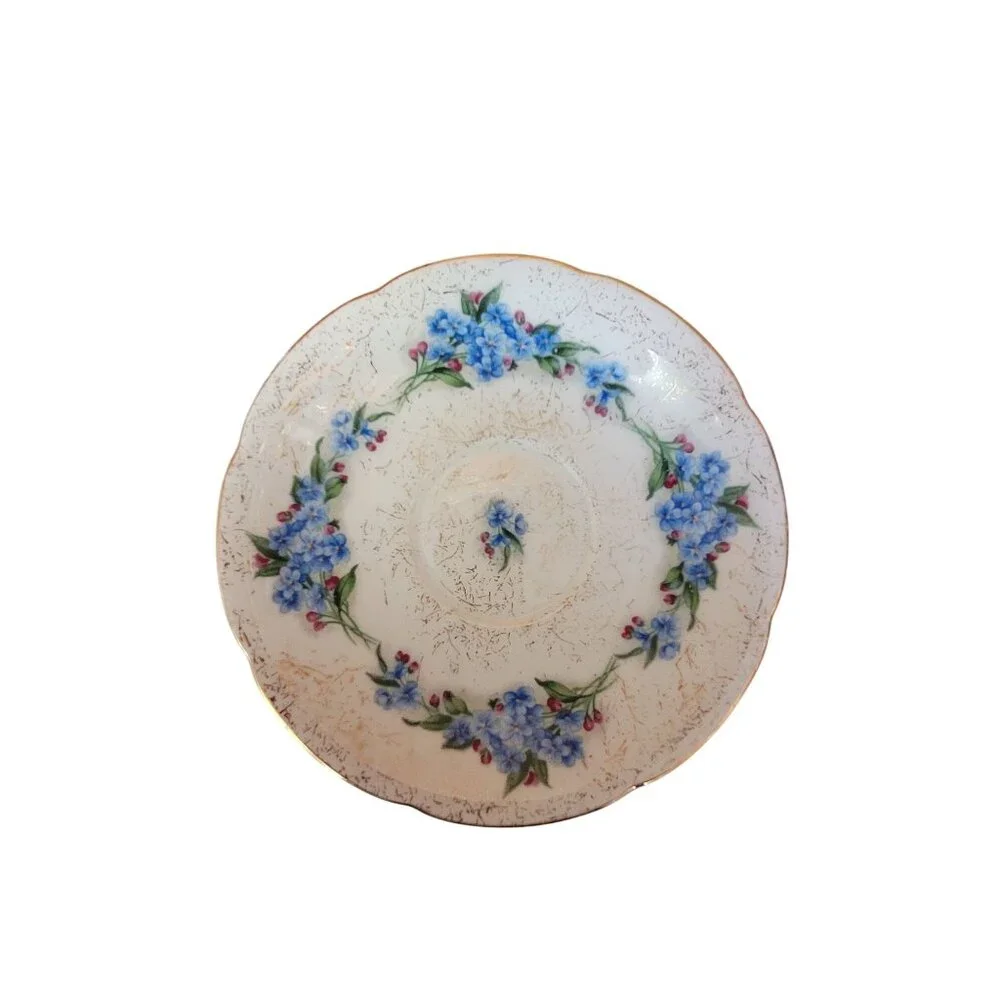Vintage Saji Japan Fancy China Cup & Saucer Set With Floral Blue Design Gold Tri